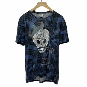 【 vivienne westwood man 】 スカル 転写 歪み 変形 チェック 柄 加工 穴 Tシャツ M ブルー ヴィヴィアンウエストウッド ガイコツ