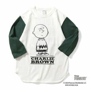 セール 新品 HOUSTON ヒューストン PEANUTS チャーリーブラウン スヌーピー ベースボールTシャツ 七分袖 両面プリント オフホワイト L