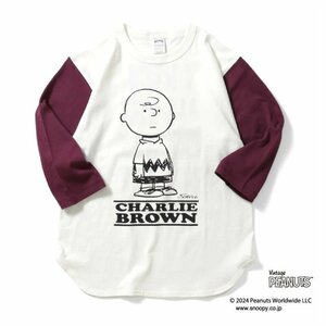 セール 新品 HOUSTON ヒューストン PEANUTS チャーリーブラウン スヌーピー ベースボールTシャツ 七分袖 両面プリント オフホワイト M