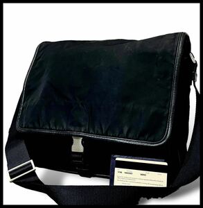 1円〜S級美品 PRADA プラダ ショルダーバッグ メッセンジャーバッグ クロスボディ 斜め掛け 三角ロゴ ナイロン ブラック レザー