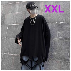 ダメージ ロンT 長袖 XXL 重ね着 ロック Tシャツ パンク ブラック　メンズ　レイヤード　黒　個性的　ストリート　韓国　人気