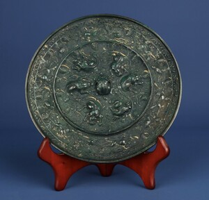 【古寶奇蔵】唐・青銅製・海獣葡萄紋鏡・置物・賞物・中国時代美術