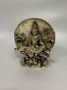 【古寶奇蔵】銅製・銀鍍・水月觀音像・置物・賞物・中国時代美術