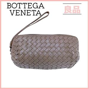 ボッテガヴェネタ BOTTEGA VENETA イントレチャート レザー ポーチ ストラップ付 グレージュ グレー ブラウン マルチケース メイクポーチ