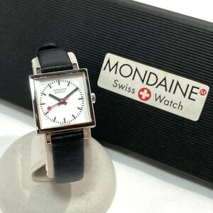 ▼MONDAINE スクエア ウォッチ クォーツ レア 腕時計 白文字盤 スイス製 オリジナル シルバーカラー 黒系 モンディーン 箱付き 稼働品