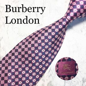 BUBERRY LONDON ネクタイ　ダイヤ柄　ネイビー×ピンク　ホースロゴ