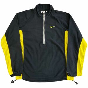 90s NIKE フリース ジャケット M ブラック×イエロー ハーフジップ プルオーバー ワンポイント ロゴ スウォッシュ 刺繍 THERMA FIT ナイキ