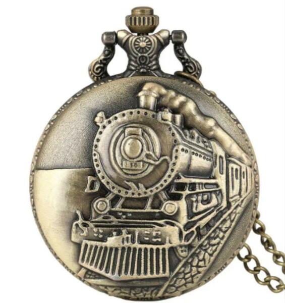 アンティークブロンズ鉄道機関車彫刻スチームクォーツ懐中時計 ペンダント時計
