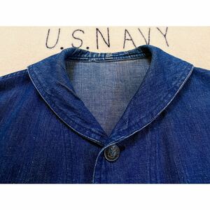  super rare &XL size!VTG 1930-40*s WWII US NAVY COAST GUARD SHAWAL COLLAR DENIM JKT Vintage Denim shawl color change button large war 