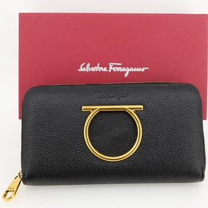 [ как новый ]Salvatore Ferragamo Ferragamo gun chi-ni раунд застежка-молния длинный кошелек машина f кожа черный JL-22 D291 женский с ящиком 