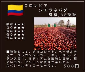 自家焙煎屋　珈琲豆　コーヒー　コロンビア　シエラネバダ　有機jas認証　300g