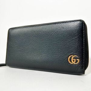 1円【美品】 グッチ GUCCI 長財布 ウォレット ラウンドファスナー ジップ 黒 ブラック GG 黒 ブラック レザー ゴールド金具 