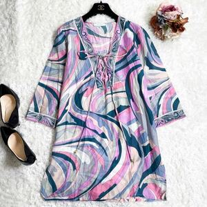 極美品！ エミリオプッチ EMILIO PUCCI ★Italy製 総柄 ドレープ トップス ワンピース ブラウス ピンク系 リボン シースルー 40