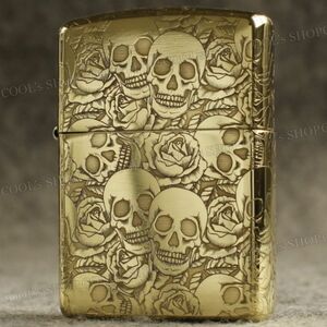 髑髏 薔薇 四面総彫り オイルライター ZORRO ゴールド zippo 同型 ドクロ スカル バラ ローズ ロック パンク 金