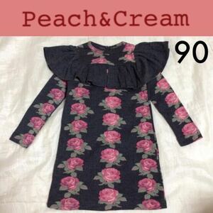 新品☆韓国子供服 Peach&Cream ニットワンピース 5号90 グレーローズ柄薔薇バラフラワー フリル