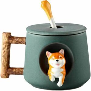 マグカップ コーヒーカップ 柴犬カップ かわいい 陶器製 耐熱カップ 陶器製 ティーカップ コーヒーカップ (グリーン（頭）)