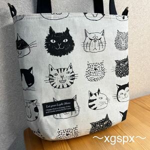 黒 猫 ネコ 生成 顔 切替 hand made ハンドメイド トート ショルダー 斜め掛け ランチ ハンド セカンド サブ エコ バック バッグ 