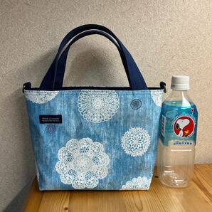 レース 水色 デニム風 ランチバッグ hand made ハンドメイド トート ショルダー 斜め掛け ハンド セカンド サブ バック バッグの画像3