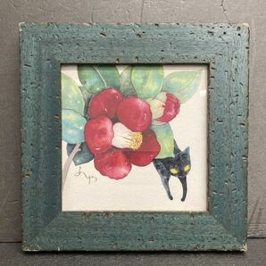 Ｍ 壁飾り 置物 絵画 椿 猫 オブジェ 3s-74の画像2