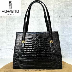 美品 MORABITO モラビト シャイニングクロコダイル BLACK ブラック 黒 ゴールド金具 ハンドバッグ トートバッグ ショルダー レザー 本革