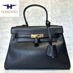 良品 HAMANO ハマノ 濱野皮革工藝 皇室御用達 レザー ブラック 黒 ゴールド金具 シボ革 ショルダーバッグ ハンドバッグ トートバッグ