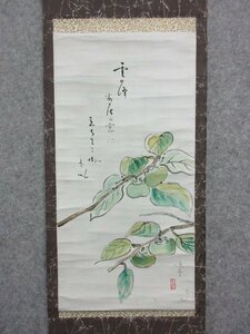 「真筆」 掛軸 柿 [B24526] 長さ152cm 幅39.5cm 紙本 逸中 風景 床の間 飾り 古玩 古美術