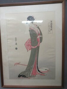 【模写】 江戸 版画 美人画 額入り [B33405] 縦49.5cm 横35cm 木版画 アンティーク 古玩 古美術