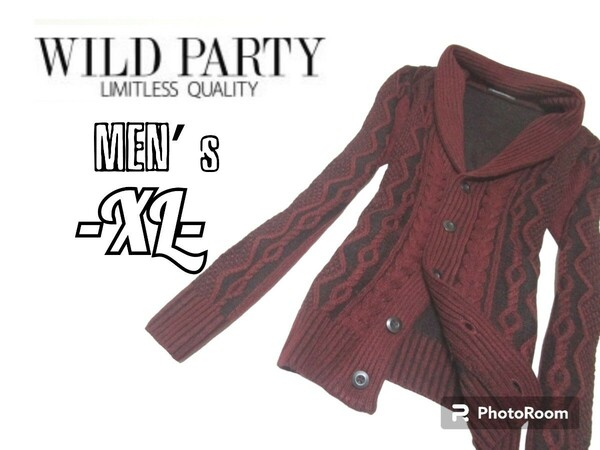 送料無料 メンズXL◇WILD PARTY◇厚手ケーブルニットカーディガン ボルドー色