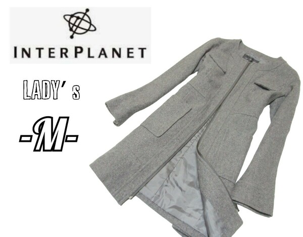 送料無料 レディースM◇INTERPLANET◇ノーカラーコート gray