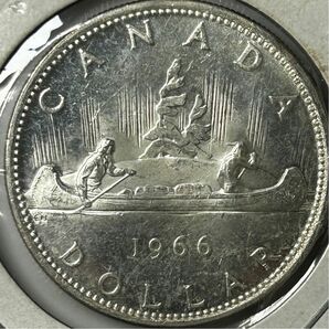 カナダ　「カヌーを漕ぐ人」1ドル銀貨　1966年　古銭　銀貨　外国コイン　