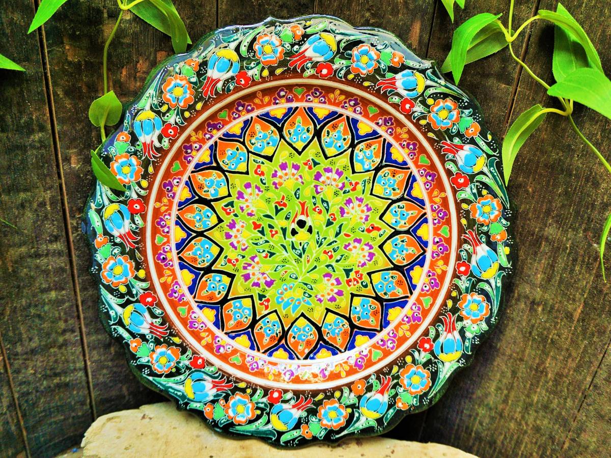 1 item [conditional free shipping] ☆ New ☆ [Turkish pottery] Hand-painted large plate L size wall hanging Oriental tableware handmade 211, plate, dish, dinner plate, pasta plate, Single item