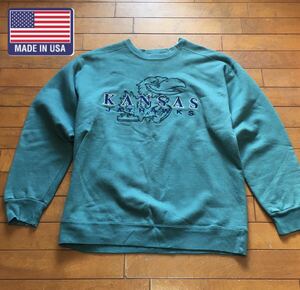 ★【 CARROUSEL 】★Made in USA KANSAS JAY HAWKS 刺繍プリント カレッジバスケスエットクルー★サイズL★ｉ-984