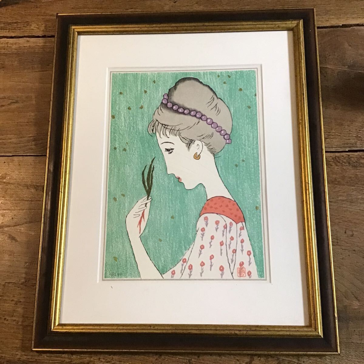 [Authentic work] Lithograph Yumeji Takehisa 27/250 Waiting for it Print High quality framed Gold painting Beautiful woman painting Woodblock print Young grass girl, artwork, print, woodblock print