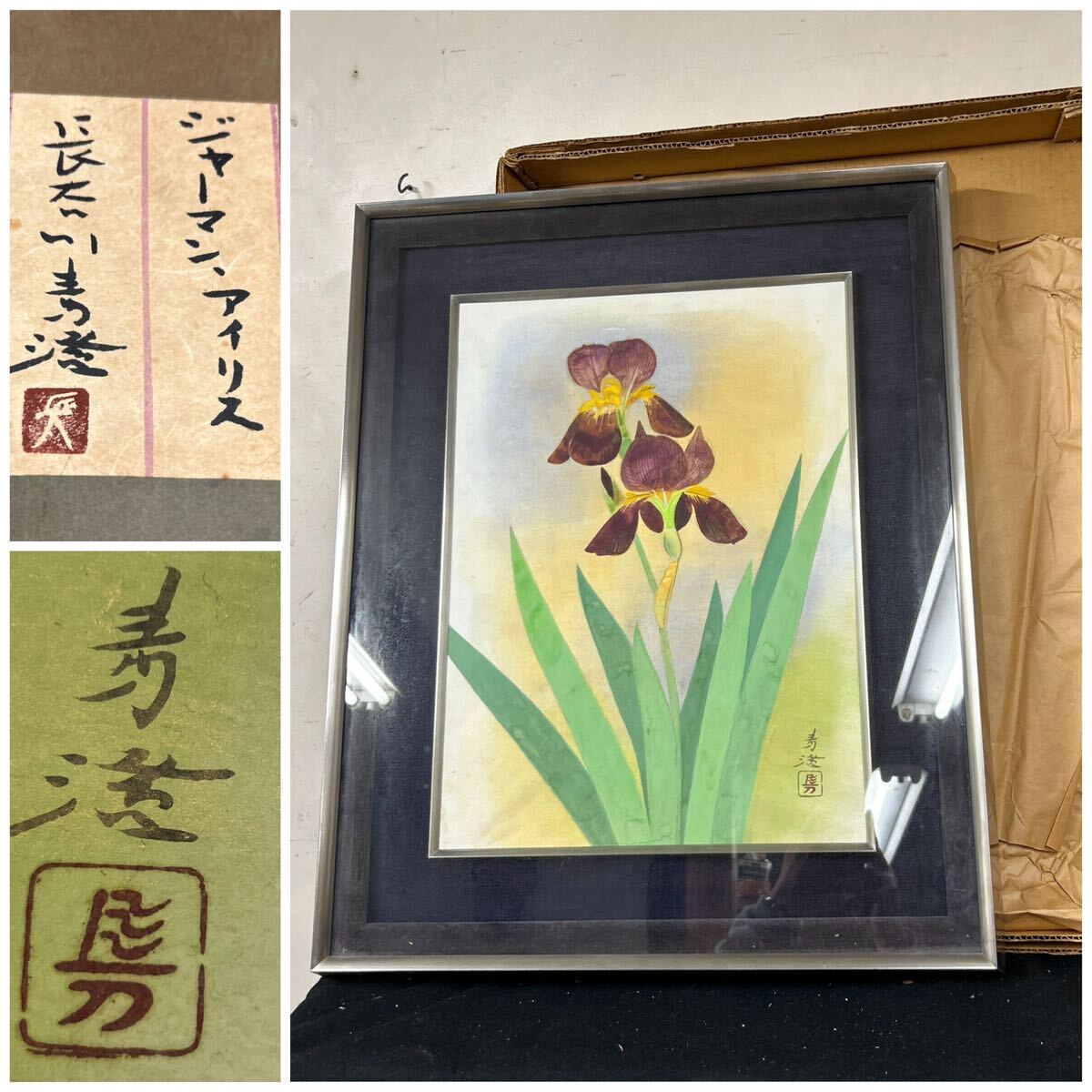 [Trabajo auténtico] Seisumi Hasegawa Alemán Iris Marco de metal Flor Flor Pintura japonesa Pintura Sello enmarcado, cuadro, acuarela, pintura de naturaleza muerta