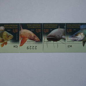 外国切手：ボスニア・ヘルツェゴビナ（セルビア人地区）切手 「魚」 （ヨーロピアンパーチ ほか） 4種連刷 未使用の画像1
