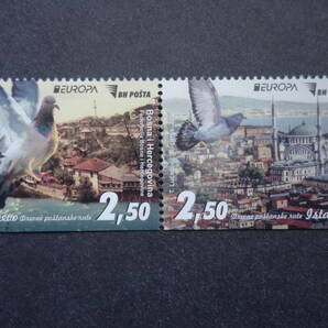 外国切手：ボスニア・ヘルツェゴビナ切手 「（2020年ヨーロッパ切手）共通テーマ・昔の郵便ルート」 2種連刷 未使用の画像1