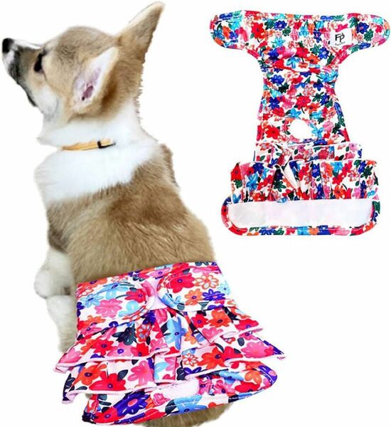 【新品･未使用】犬 サニタリーパンツ 生理用品 XL フリル 花柄 可愛い マナーパンツ マジックテープ２段フリル 穴大きめ