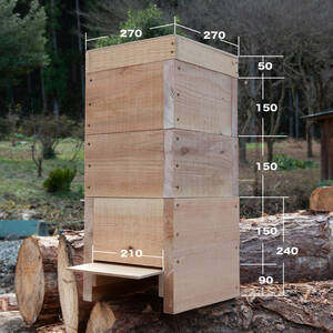 日本みつばち巣箱　底板2タイプ（夏冬交換）3段重箱　まち箱　巣落ち、スムシ、暑さ対策、あかりんダニ対策２