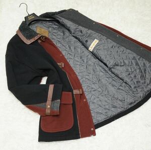 極美品★LANCEL ランセル 刺繍 ファイヤーマンバックル 襟ボア デザインコート ステンカラー風 黒 ブラック 日本製 キルティング 金具 2way