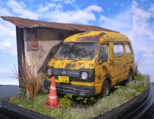 1/24 サンバーハイルーフ 昭和の風景 旧車 草ヒロ ジオラマ完成品ケース付き