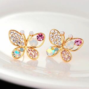  pretty stylish butterfly colorful earrings Kirakira pearl small pra ........ rhinestone ear pink gold white cheap 