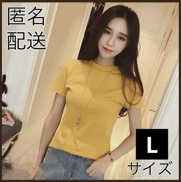 Tシャツ 定番 イエロー L 新品 ハイネック 半袖 韓国 ファッション レディース 無地 シンプル 定番 ヘビロテ 黄色 ハイネック カットソー