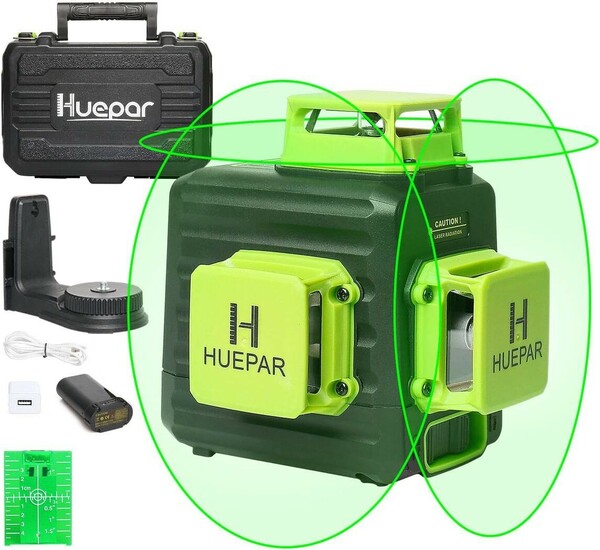 Huepar 3x360° レーザー墨出し器 グリーン 緑色 レーザー クロスライン 大矩 フルライン照射モデル 自動補正 2電源方式 Type-C充電可能 