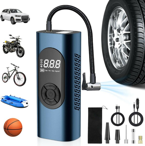  電動空気入れ 自転車 車 空気入れ エアーポンプ コードレス 充電式 6000mAh 多機能 4種単位換算 空気圧指定可 最大圧力150PSI 