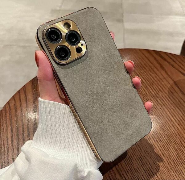 iPhoneケース 15pro シンプル ゴールド グレー ラムレザー 可愛い カバー