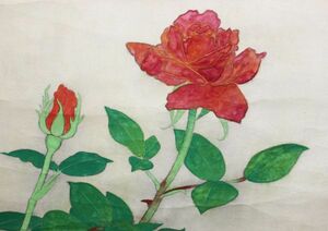 Art hand Auction 《Genuine work》★Fujio Iwakabe [Rose] *Co-box.Thick volume.Double-box.*Master: Ningyu Koyatsu*Dojin of Japan Art Academy.Bijutsuin Prize.Great viewing.Prime Minister's Award*Kanagawa.Death*[Peach ], painting, Japanese painting, flowers and birds, birds and beasts