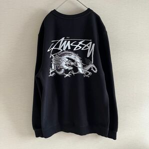 STUSSY スウェット　ドラゴン　龍　両面プリント　ロゴ　ブラック　L トレーナー 黒