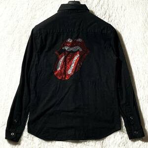 THE ROLLING STONES★激レア★希少ブラック★ラメスタッズ背ロゴ 長袖シャツ 胸刺繍 スワロ カラーストーン 黒 M ローリングストーンズ