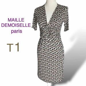 MAILLE DEMOISELLEジャージーワンピース フランス製 T1 ジオメトリック 幾何学模様 アーモワールカプリス 半袖 Sサイズ 膝丈 グレージュ