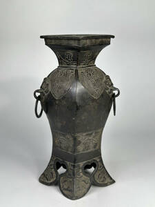 中国美術　明時代　明朝　古銅製　銅花瓶　饕餮文遊環耳花瓶　唐物　古物保証　華道具　S734233S22